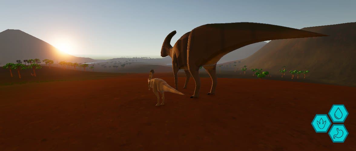 Two dinosaurs standing, sunset in the background