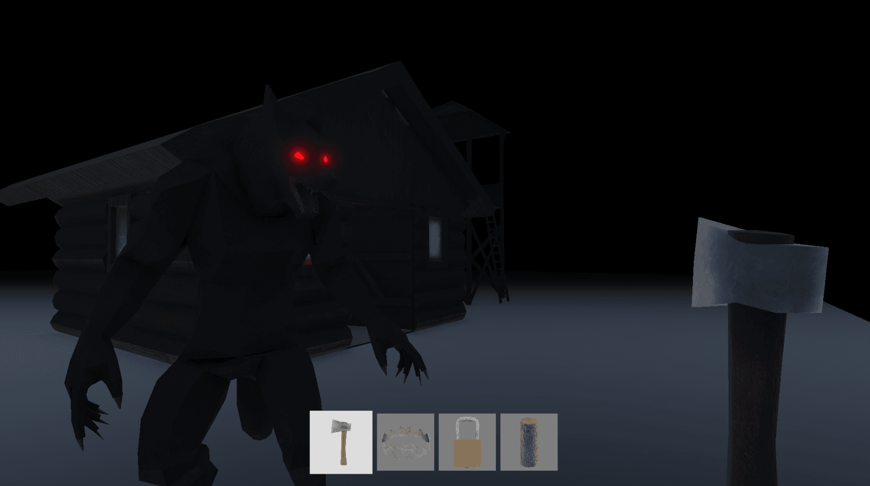 A werewolf approaching a villager outside a cabin at night